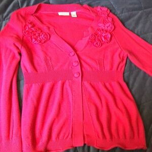 Red Knit Cardigan with Floral Embellishments